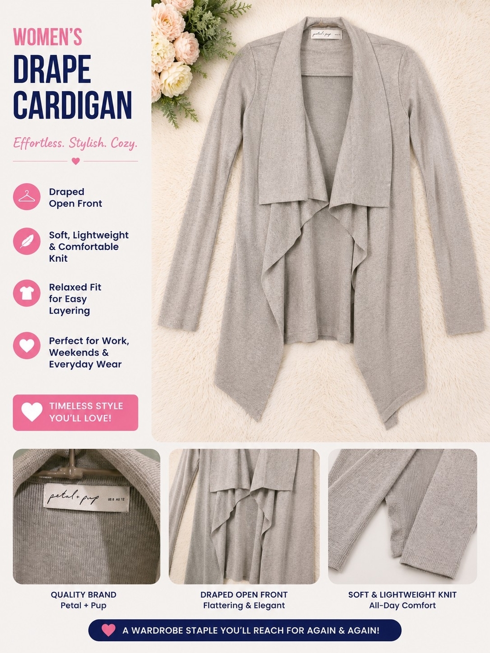 Petal & Pup Light Gray Drape Cardigan